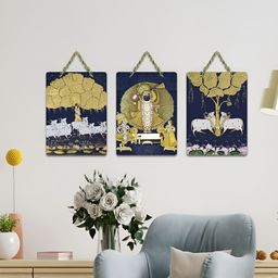 ArtVibes Navy Blue 3 Pieces Divine Pichwai Symphony Printed Wooden Hanging Wall Arts-image-101