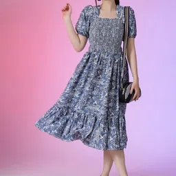 Jash Creation Print Puff Sleeve Applique Fit & Flare Dress-picture-32