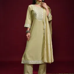Vishudh Women Ethnic Motifs Embroidered Regular Mirror Work Kurta with Palazzos & With Dupatta-1