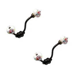 IndianShelf White & Red 2 Pcs Floral Printed Ceramic Wall Hooks-33