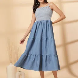plusS Cotton Shoulder Straps Fit & Flare Midi Dress-picture-34