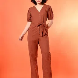 Fuchsia Puff Sleeves Cotton Basic Jumpsuit-picture-45