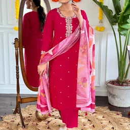 Growdamy Women Ethnic Motifs Embroidered Regular Thread Work Chanderi Silk Kurta with Trousers & With Dupatta image 3