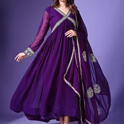 KALINI V-Neck Gathered Gown Maxi Ethnic Dress With Dupatta-picture-37
