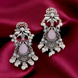TISHUL JEWELS Silver-Plated Artificial Stones Studded & Beaded Oxidised Drop Earrings-33