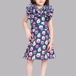 Pink Chick Printed Round Neck Flutter Sleeve Ruffled A-Line Dress-image-58
