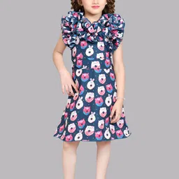 Pink Chick Conversational Printed Tie-Up Neck Flutter Sleeve Ruffled A-Line Dress-image-62