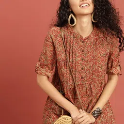 Taavi Women Rust Orange Kalamkari Hand Block Printed Pleated A-line Pure Cotton Top-18