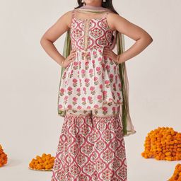 pspeaches Girls Floral Printed Regular Mirror Work Kurta with Sharara & With Dupatta-picture-0