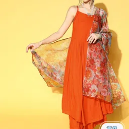 InWeave Shoulder Straps A-Line Kurta & Palazzos With Dupatta-1