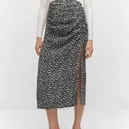 MANGO Monochrome Ruched Printed Side Slit Midi Skirt-image-49