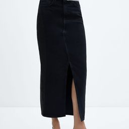 MANGO Pure Cotton Front Slit Straight Midi Denim Skirt-image-59