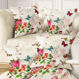 BIANCA Off White & Orange Set of 5 Floral Square Cushion Covers-56