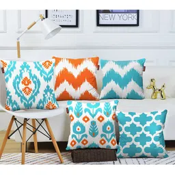 AEROHAVEN Turquoise Blue & White 5 Pieces Geometric Square Cushion Covers-17