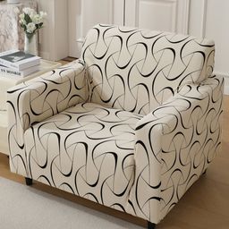 HOKIPO Beige & Black Geometric Printed Stretchable Sofa Cover With Arms-5