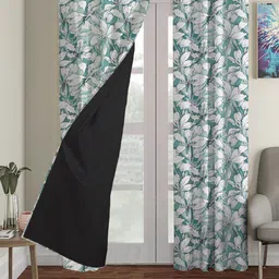 HOUZZCODE Set Of 2 Blue Floral Printed Blackout Window Curtains-29