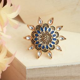 Jazz and Sizzle Gold-Plated Blue Enamelled Kundan Stone-Studded Adjustable Finger Ring-3