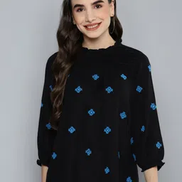 SCOUP Black & Blue Geometric Embroidered Top-image-3