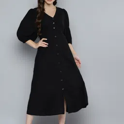 SCOUP Black Solid Linen Blend A-Line Midi Dress-picture-35