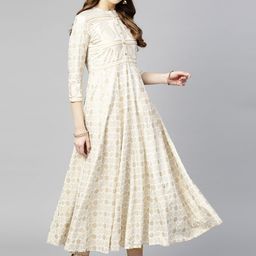 Varanga Off-White & Golden Ethnic Foil Print Panelled Anarkali Kurta-image-1