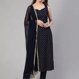 Nayo Black & Gold Toned Ethnic Motifs Printed Pure Cotton Kurta With Trousers & Dupatta-picture-2
