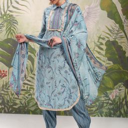Vishudh Blue Floral Printed Shirt Collar Thread Work Straight Kurta With Salwar & Dupatta-picture-42