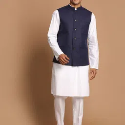 VASTRAMAY Mandarin Collar Kurta with Trousers & Nehru Jacket-image-3