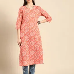 Anouk Women Coral Orange & White Bandhani Printed V-Neck Pure Cotton Straight Kurta-8