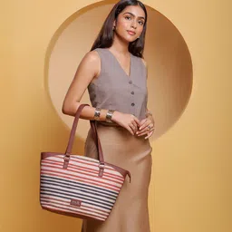 ZOUK Striped Structured Shoulder Bag with Applique-4