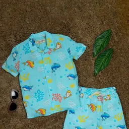The Lion and The Fish Boys Printed Shirt Collar Neck Shirt With Flared Shorts Clothing Set-picture-13