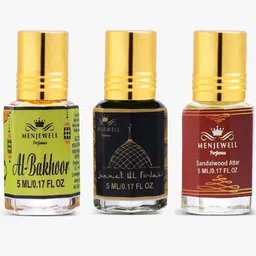 Menjewell Unisex Al-Bakhoor, Jannat-Ul-Firdaus & Sandalwood Attar 5 ml Pack of 3-7