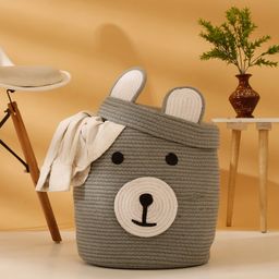 HOSTA HOMES Grey Pure Cotton Cartoon Face Woven Design Laundry Bag-5