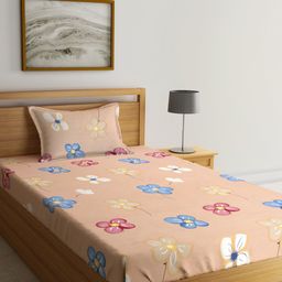 SOKNACK Peach & Blue Floral 300 TC Cotton Single Bedsheet With 1 Pillow Cover-image-28