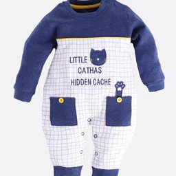 BABY GO Infant Boy White & Navy Blue Printed Cotton Rompers-image-55