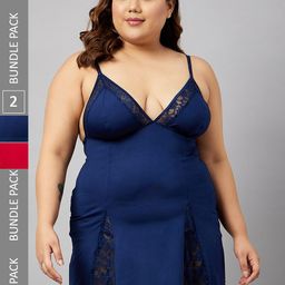 Curves By ZeroKaata Plus Size Pack Of 2 Assorted Self Design Baby Dolls With Briefs image 1