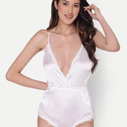 Broiden Lace Detail Satin Bodysuit-image-80