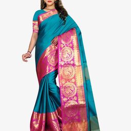 Indian Fashionista Lime Green & Pink Woven Design Zari Art Silk Baluchari Saree-image-98