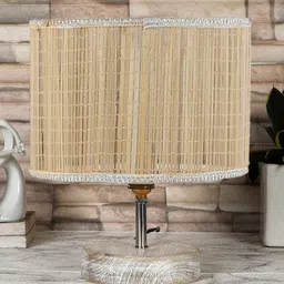 Devansh Beige & White Textured Bamboo Table Lamp With Wood Base-4