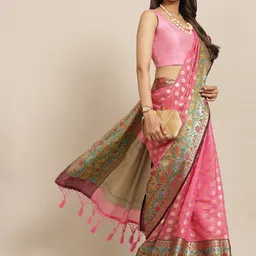Silk Land Pink & Brown Ethnic Motifs Woven Design Zari Banarasi Saree-image-41