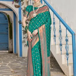 Anouk Turquoise Blue & Copper-Toned Ethnic Motifs Woven Design Banarasi Saree-picture-28
