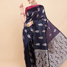 Sangria Navy Blue & Silver-Toned Ethnic Motifs Zari Silk Blend Banarasi Saree-image-79