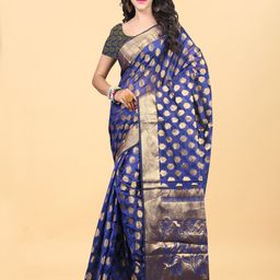 Hinayat Fashion Blue & Gold-Toned Woven Design Zari Silk Blend Banarasi Saree-image-57