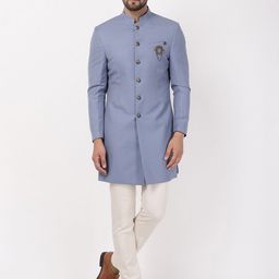 Blackberrys Men Blue & Cream-Coloured Solid 2-Piece Slim-Fit Bandhgala Suit-15