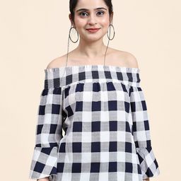 RACHNA Checked Off-Shoulder Bell Sleeve Cotton Top-image-58