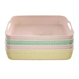 Kuber Industries Beige & Green 4 Pcs Plastic Unbreakable Flexible Basket Kitchen Storage-57