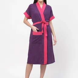 POORAK Purple & Pink shawl collar Colourblocked Bath Robe-image-53