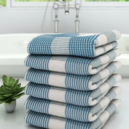Athom Trendz Unisex Set Of 6 White & Blue Checked 210 GSM Premium Bath Towels-7