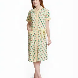 Sand Dune Yellow & Blue Floral Printed Cotton Bath Robe-7