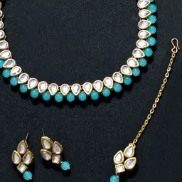 KARATCART Gold-Plated Turquoise Blue & White Kundan-Studded & Beaded Jewellery Set-39
