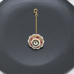 Adwitiya Collection 24KT Gold Plated Stone Studded Pearl Beaded Rajasthani Maang Tikka-image-81